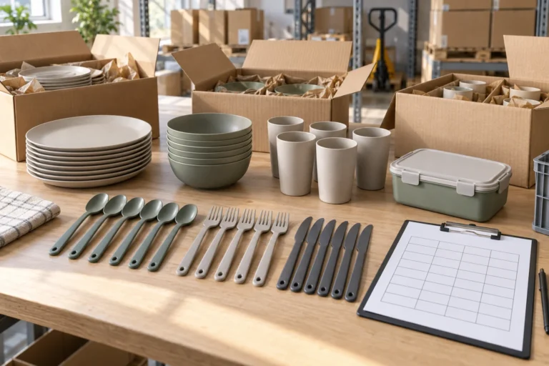 Camping dinnerware components and cartons arranged for pre-shipment inspection