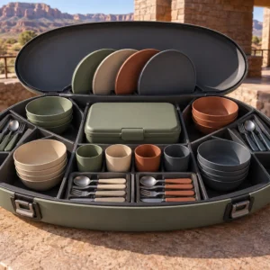 Camping dinnerware set organized in four radial trays around a central lunch box inside an oval carry pod
