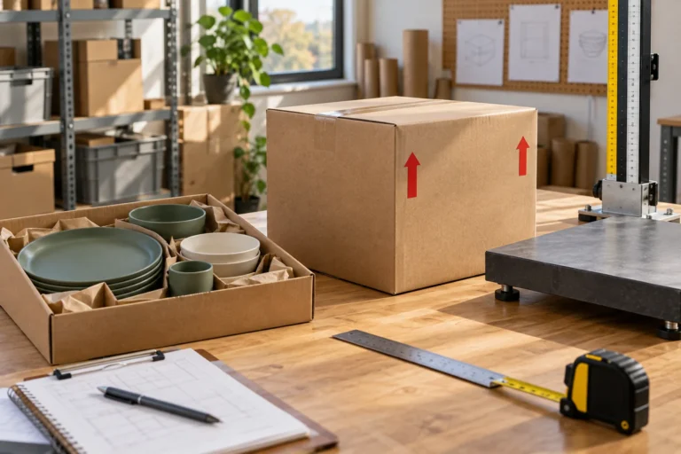 Carton drop orientations review for a generic camping dinnerware pack on a packaging workbench