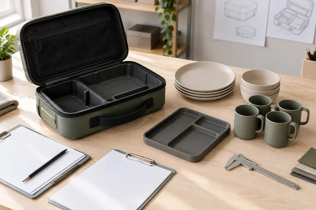 camping dinnerware carry case inspection planning scene
