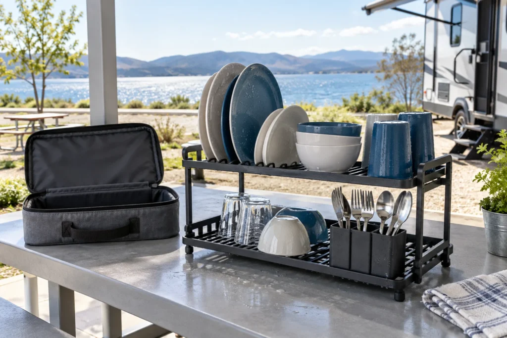 Camping dinnerware cleaning instructions review with components separated on a drying rack