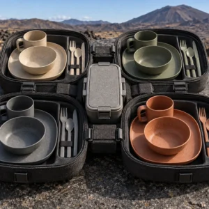 Clover-Pod four-person camping dinnerware set concept with four personal trays around a central lunch box on a volcanic plateau