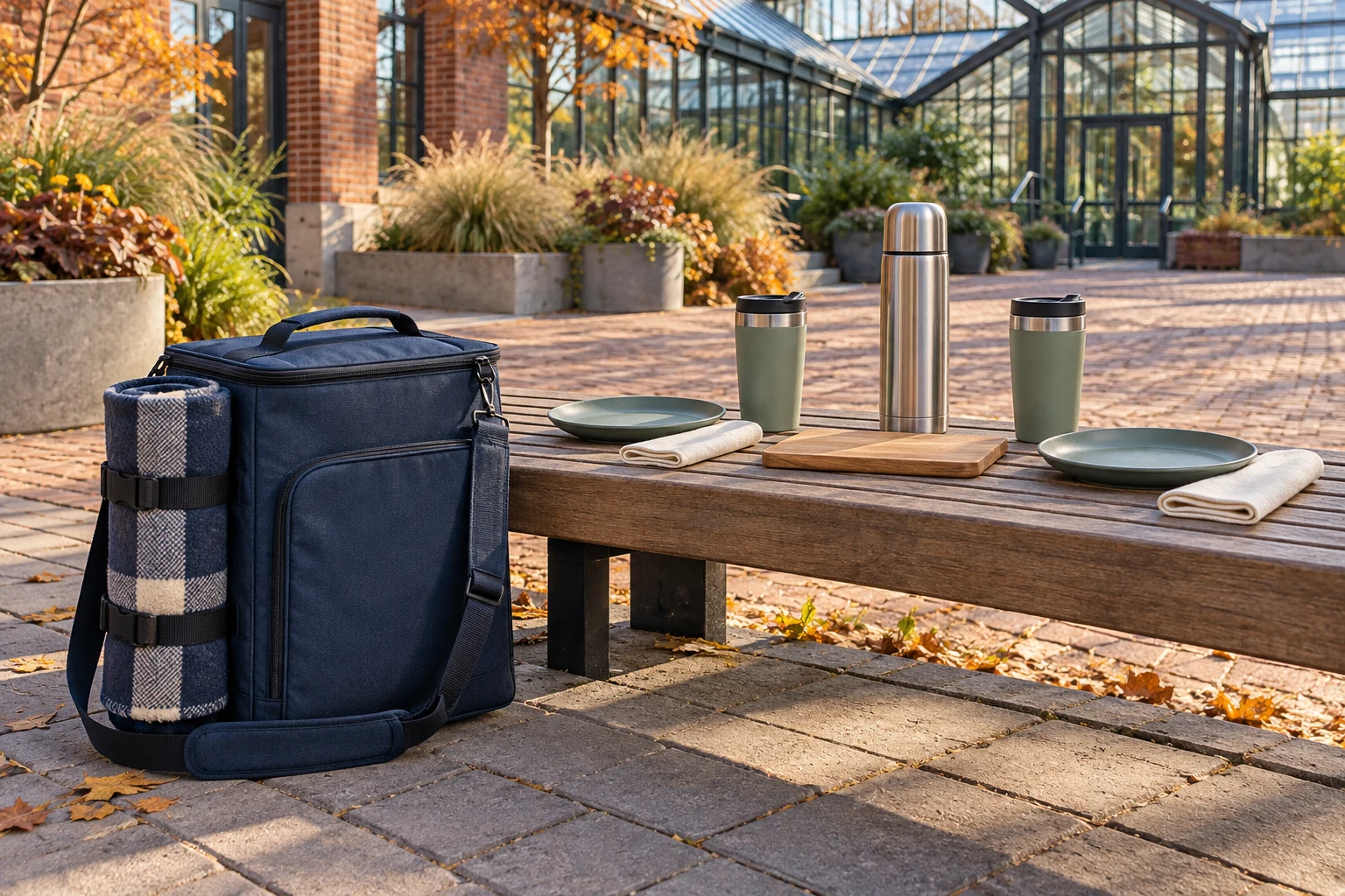 Coffee Picnic Cooler Autumn Use Concept Two-person coffee picnic cooler concept in an autumn courtyard