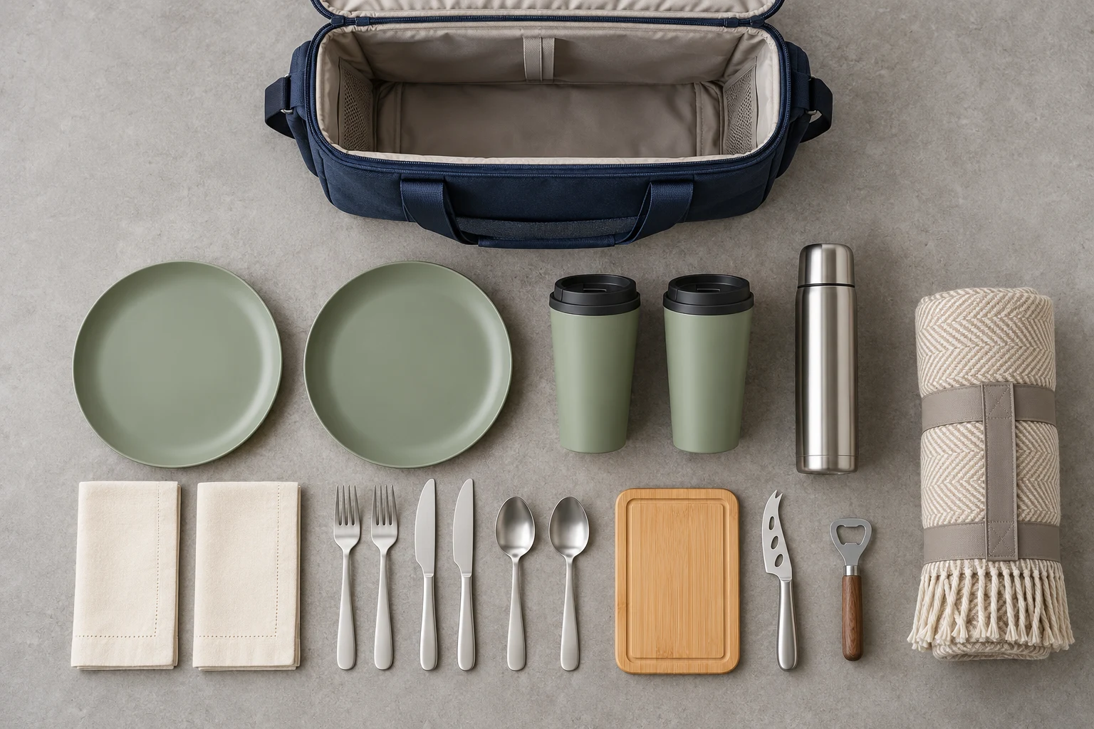Two-Person Coffee Picnic Set Configuration Concept Two-person coffee picnic dinnerware flat lay with cooler and blanket
