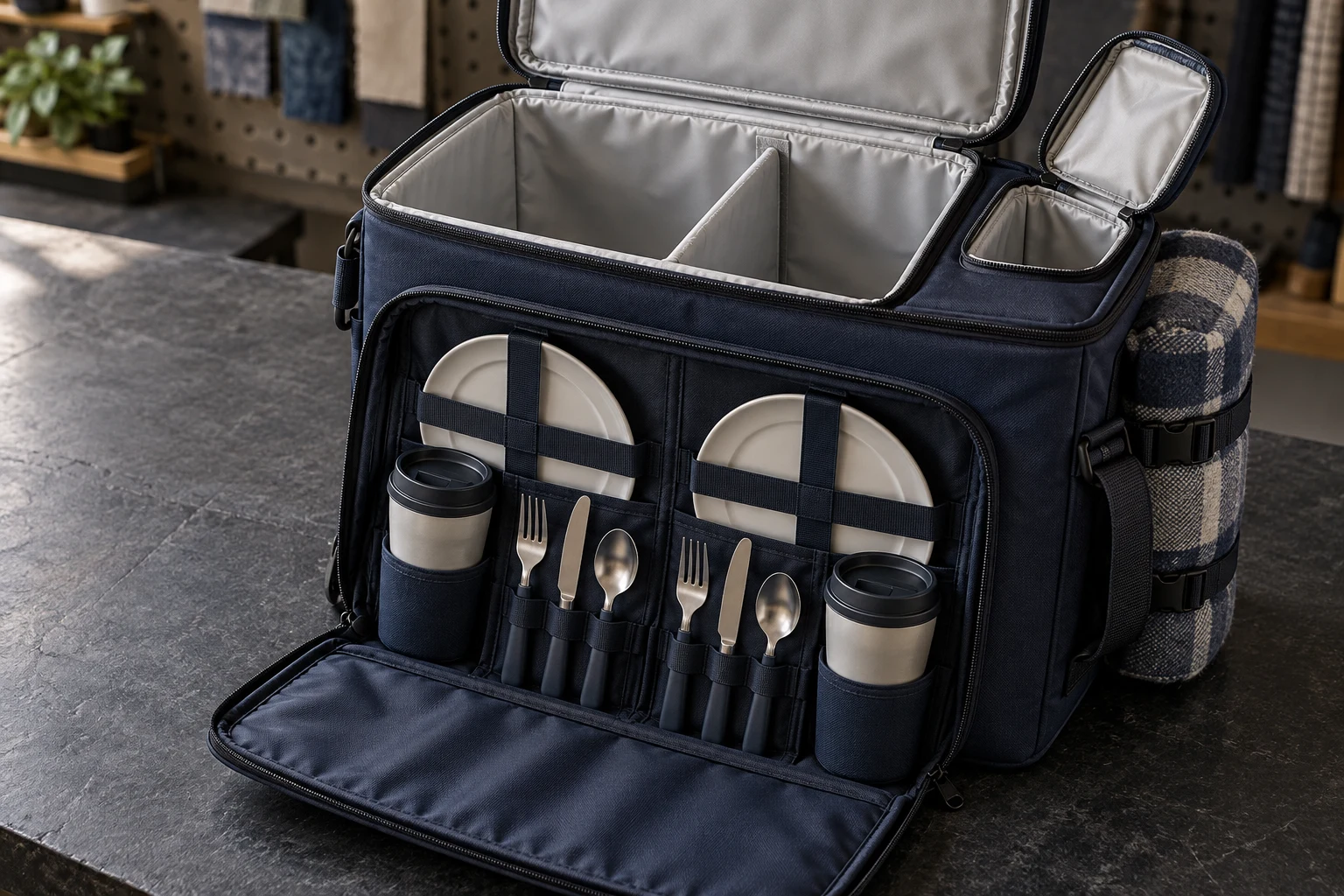 Divided Coffee Picnic Cooler Structure Concept Open divided coffee service picnic cooler with front organizer