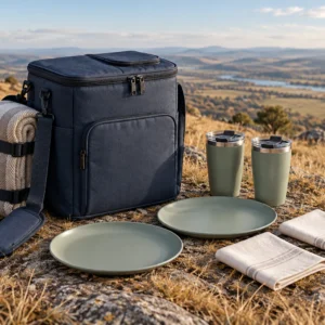 Two-person coffee service picnic cooler set on an autumn hilltop
