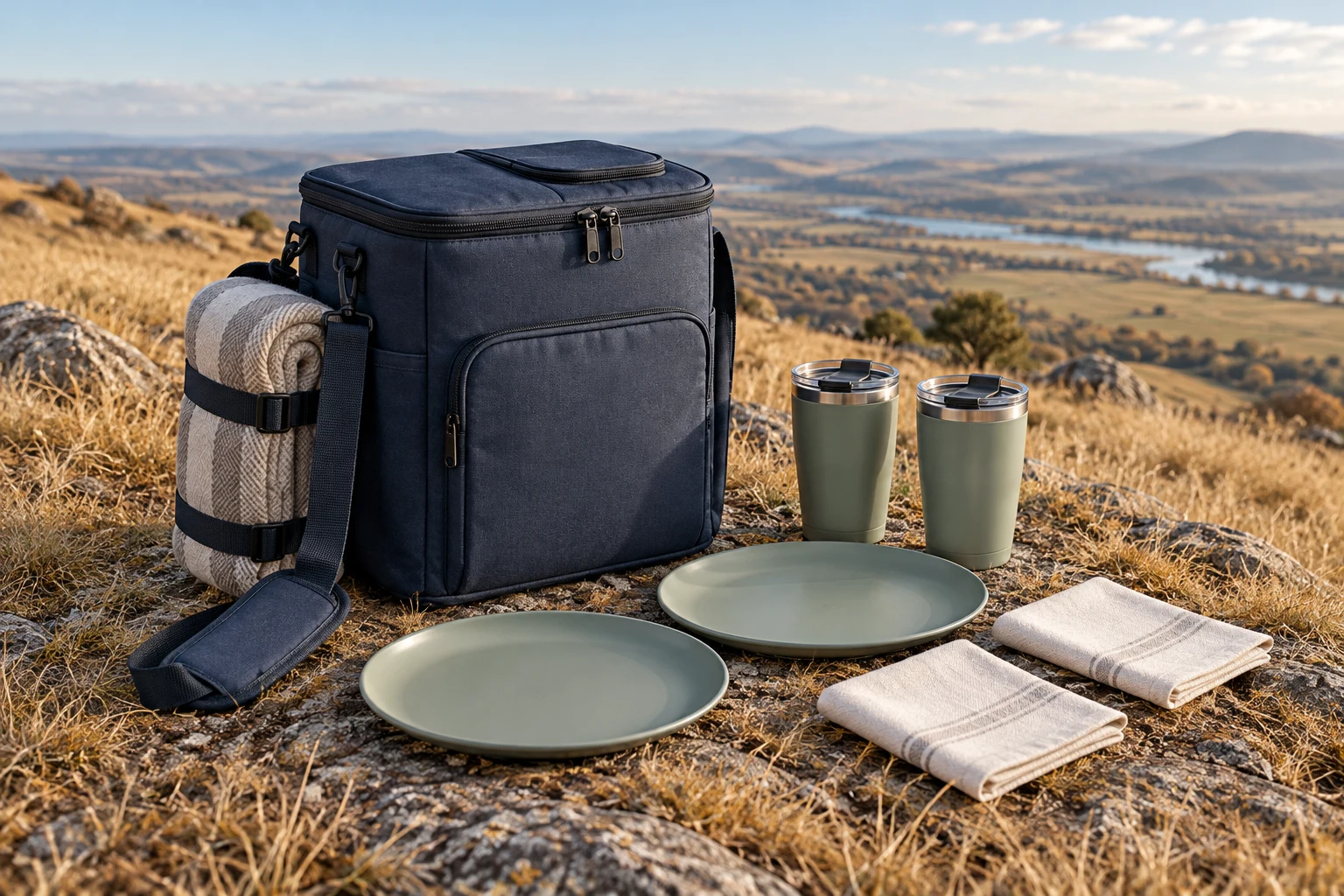 Coffee Service Picnic Cooler Set Concept Two-person coffee service picnic cooler set on an autumn hilltop