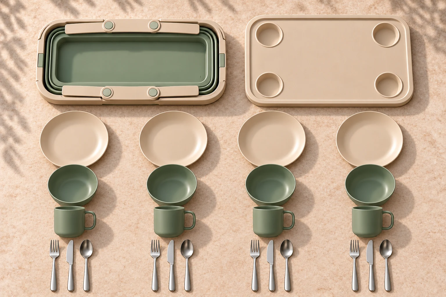 Four-Person Tray-Lid Picnic Basket Configuration Concept Countable four-person dinnerware configuration beside a collapsed tray-lid picnic basket