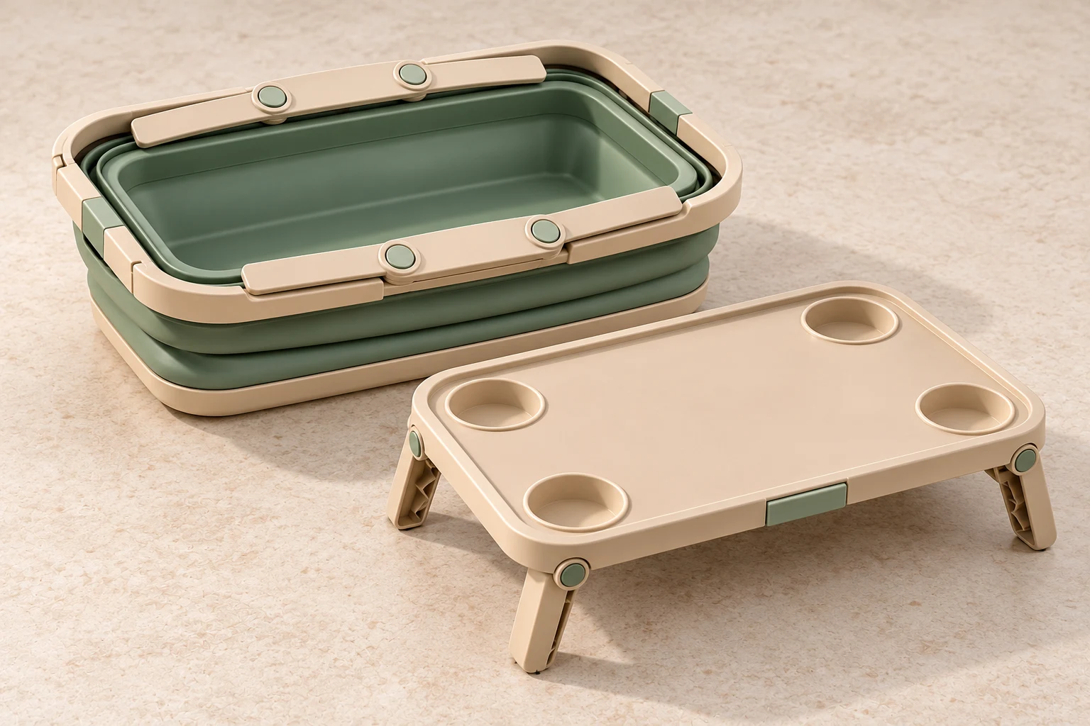 Collapsible Basket and Tray-Lid Structure Concept Partially collapsed picnic basket and removable tray lid on four legs