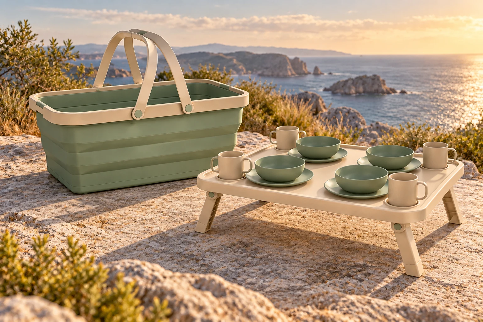 Tray-Lid Picnic Basket Coastal Use Concept Four-person tray-lid picnic basket concept at a coastal overlook