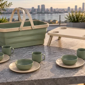Collapsible tray-lid picnic basket dinnerware set concept on a rooftop