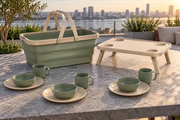Collapsible Tray-Lid Picnic Basket Dinnerware Set