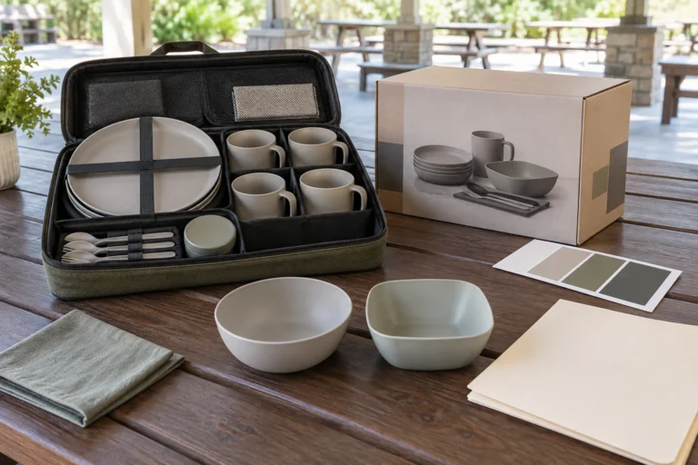 Camping set component change control review with original and replacement bowls beside a complete packed set at a picnic pavilion