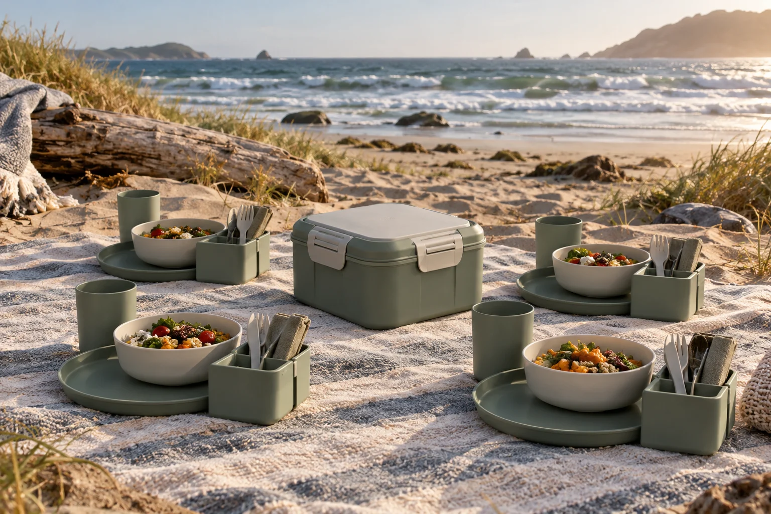 Corner-Lock outdoor application camping dinnerware set Corner-Lock beach application concept