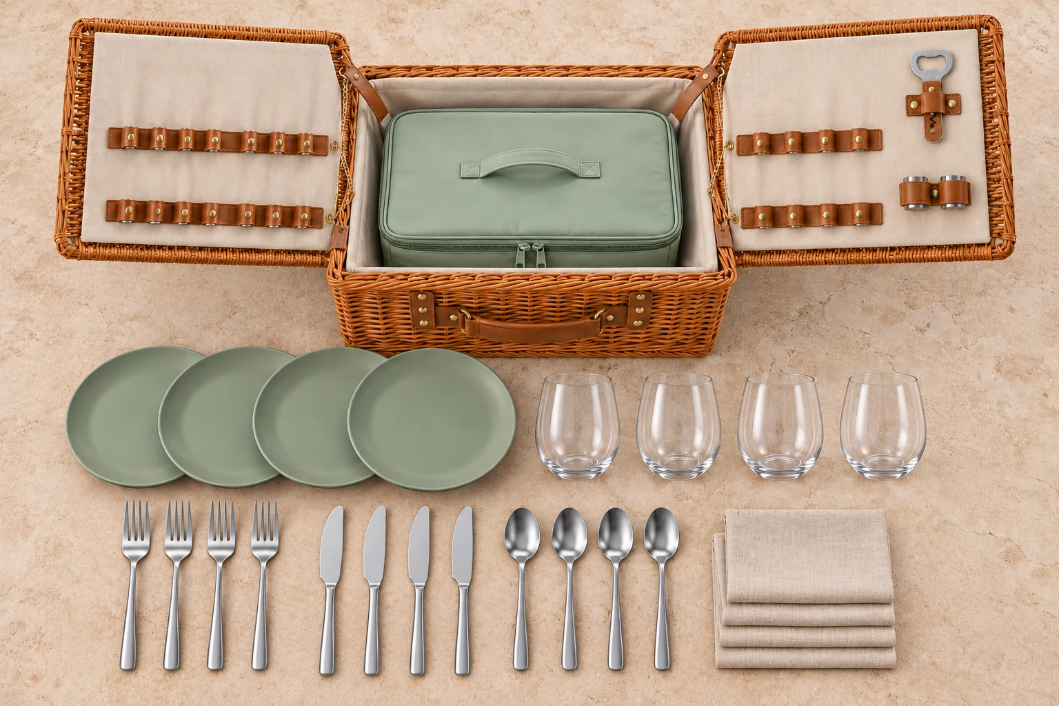 Double-Lid Picnic Hamper Configuration Concept Countable four-person double-lid picnic hamper set configuration concept