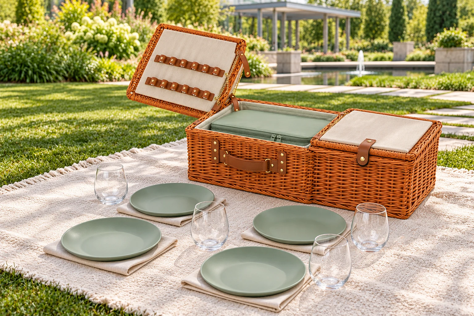 Double-Lid Picnic Hamper Garden Use Concept Four-person double-lid picnic hamper set concept in an urban garden