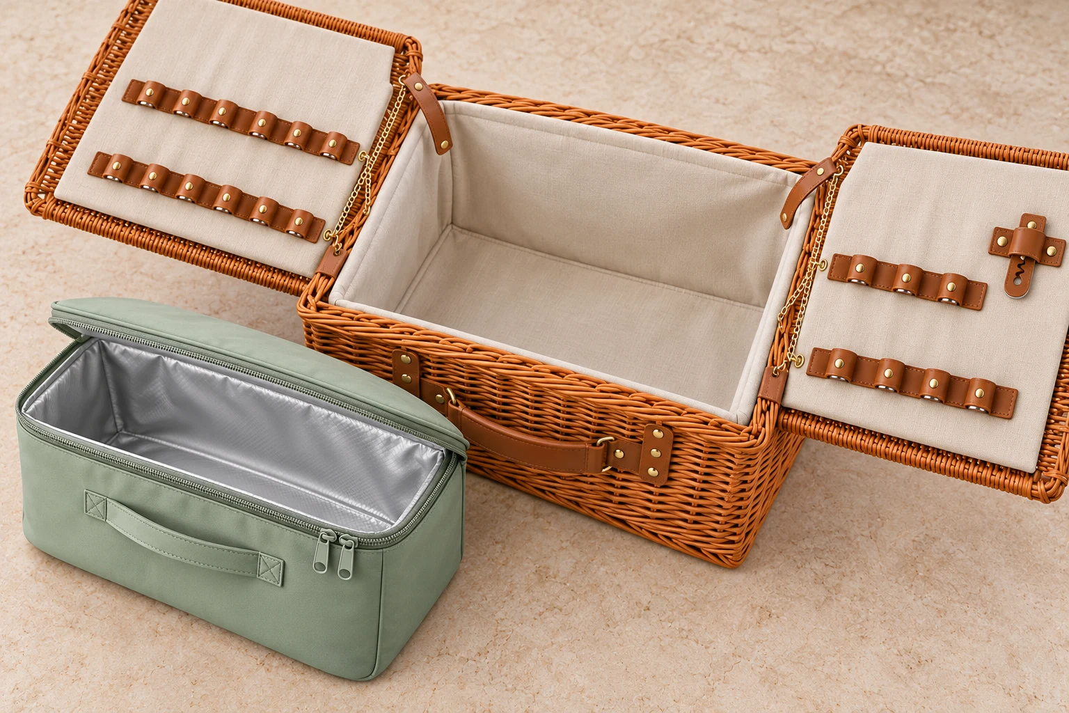 Willow Hamper and Cooler Insert Detail Concept Double-lid willow hamper hinge straps and removable cooler insert concept