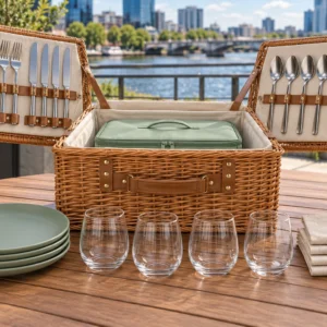 Double-lid picnic hamper set concept on an urban riverside terrace