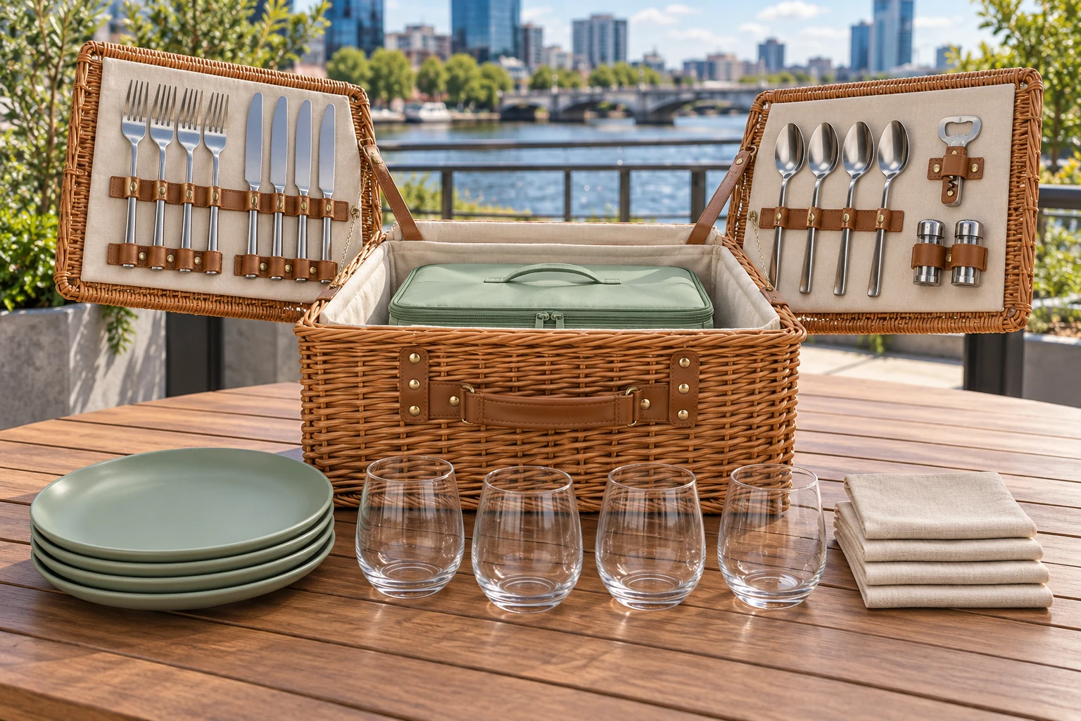 Double-Lid Willow Picnic Hamper Concept Double-lid picnic hamper set concept on an urban riverside terrace