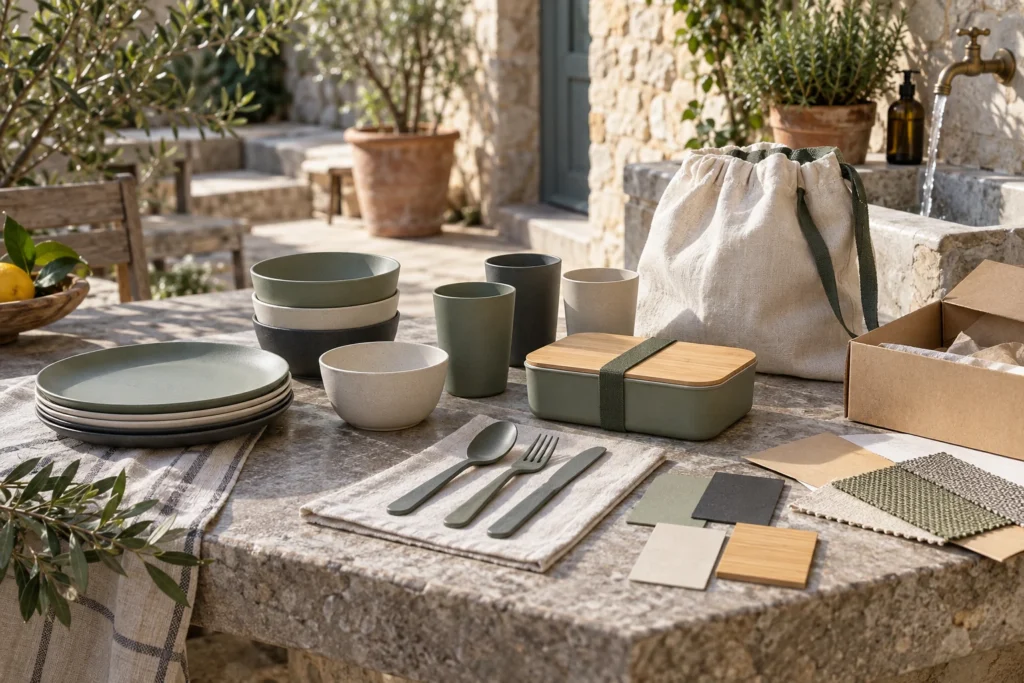 Camping dinnerware environmental claims review with components materials and packaging separated