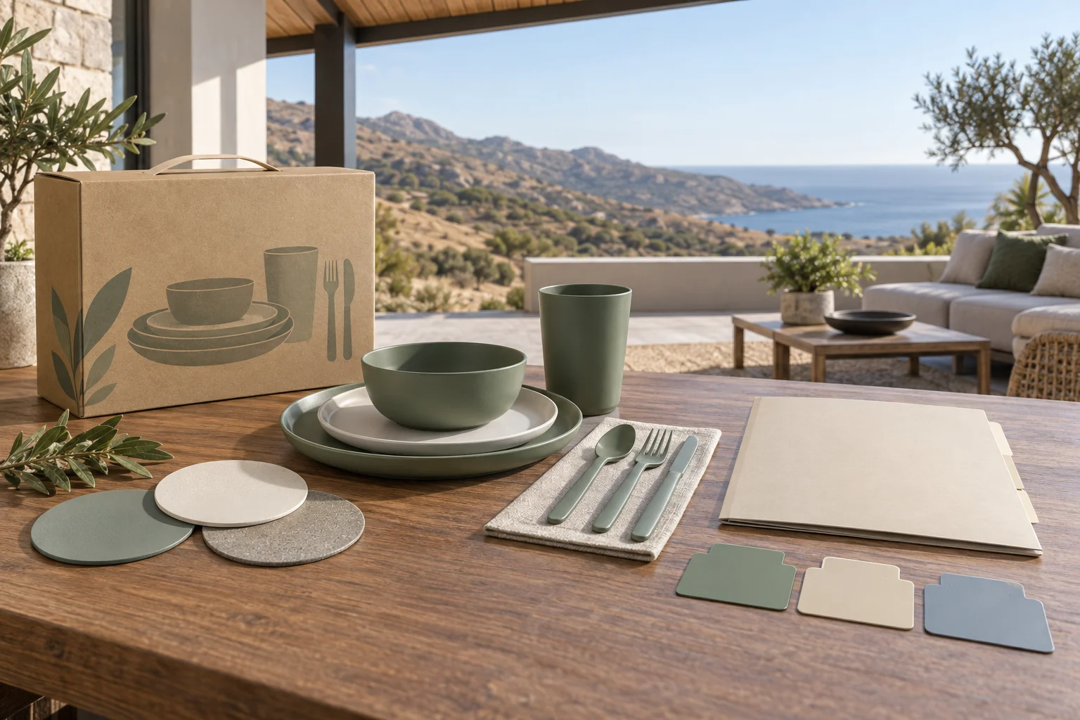 Outdoor dinnerware set with material samples and release folder for environmental claim approval