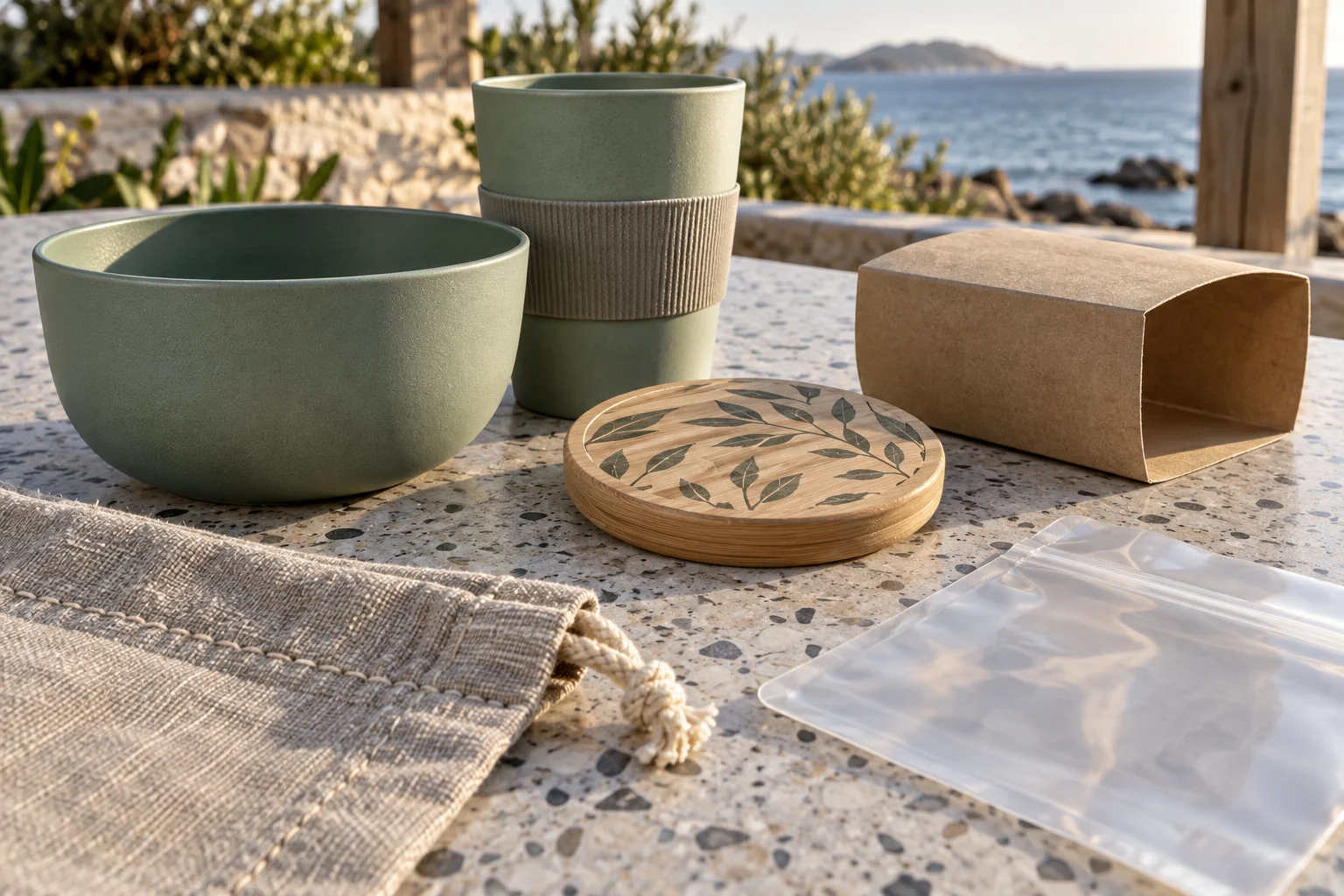 Rigid dinnerware textile pouch decorated lid and packaging shown as separate evidence scopes