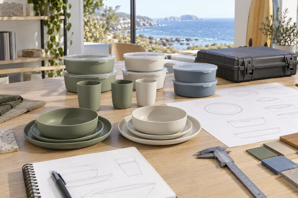 Camping set fit sampling plan with dinnerware samples drawings and caliper
