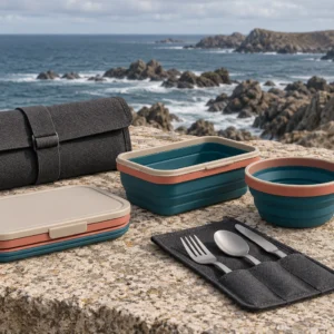 Flat-stack collapsible silicone camping meal set concept on a rocky coast