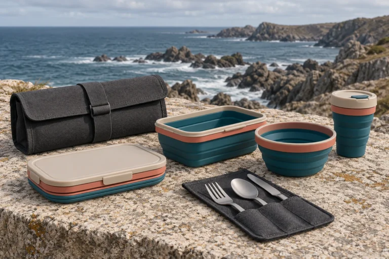 Flat-Stack Silicone Camping Meal Set with Roll-Top Pouch