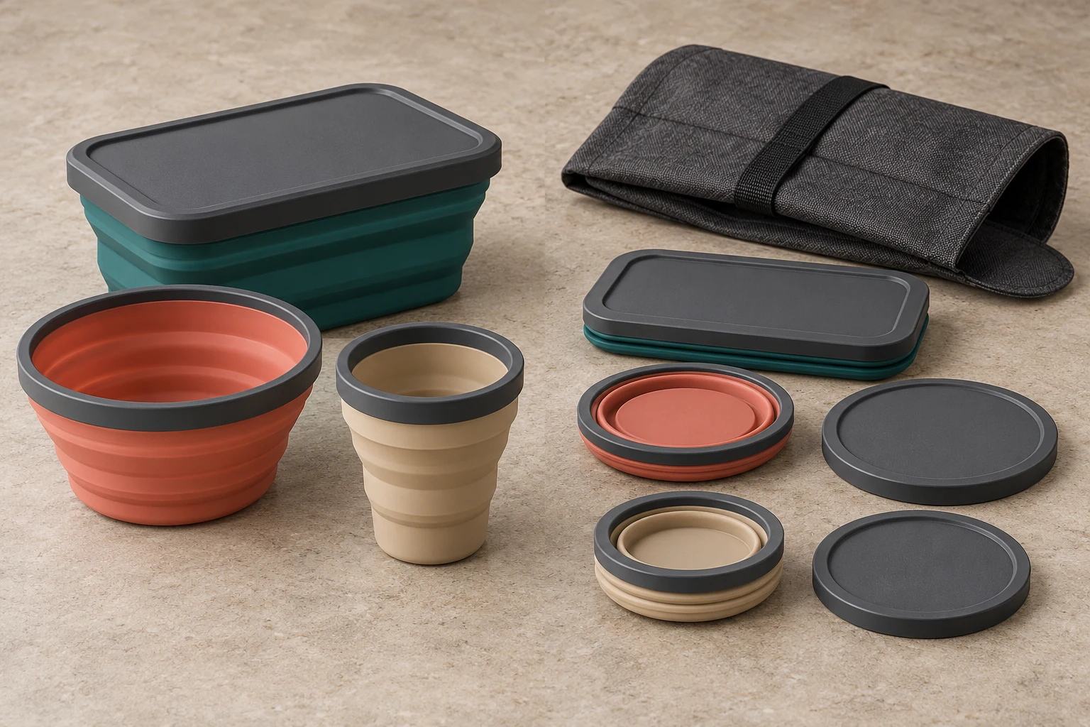 Flat-Stack Structure and Fold Detail Concept Expanded and compressed silicone meal set structure concept
