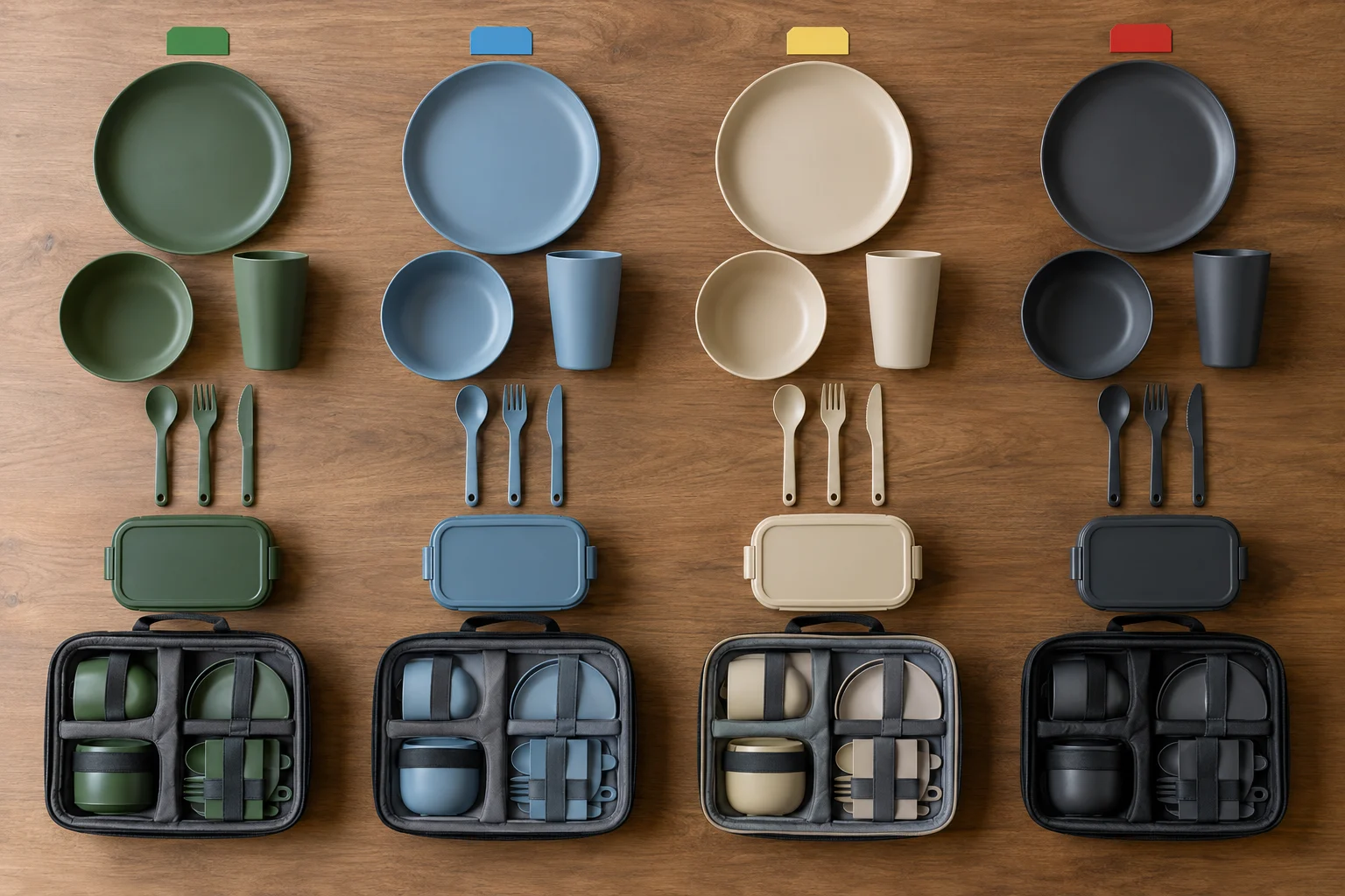 Modular camping dinnerware components grouped with color clips for appearance measurement and packaging references