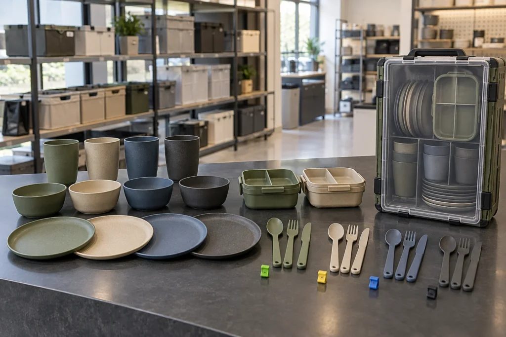 Camping dinnerware golden sample with complete modular set colored reference clips and sealed comparison tote