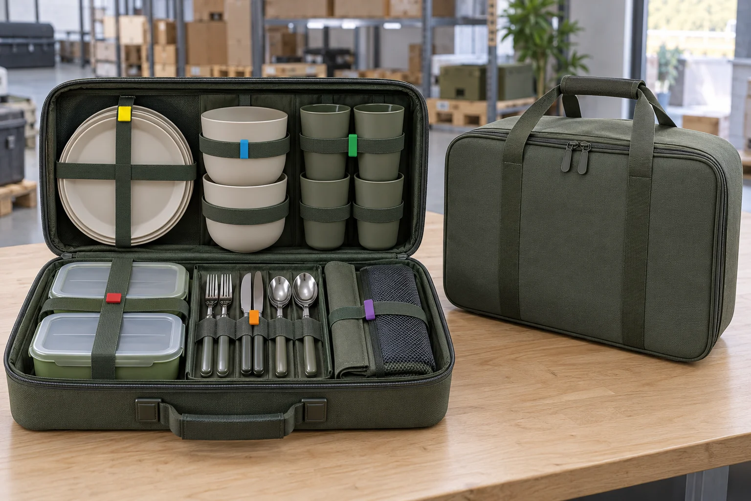 Open modular camping dinnerware carry case with nested components restraints and sealed reference sample during pack-out review