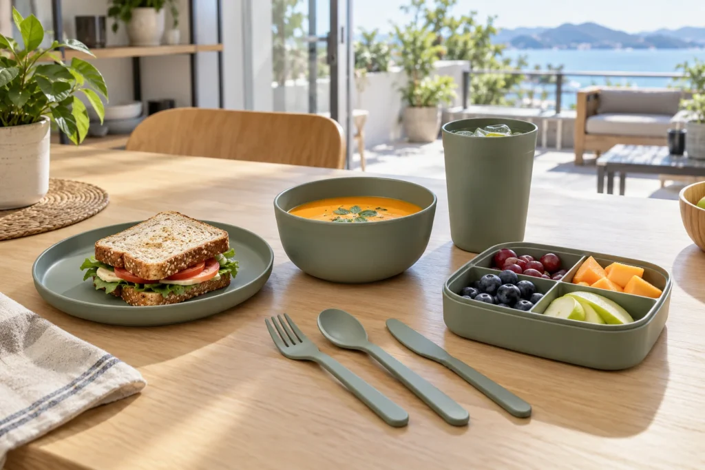 Outdoor dinnerware components separated by food temperature and cleaning use for buyer review