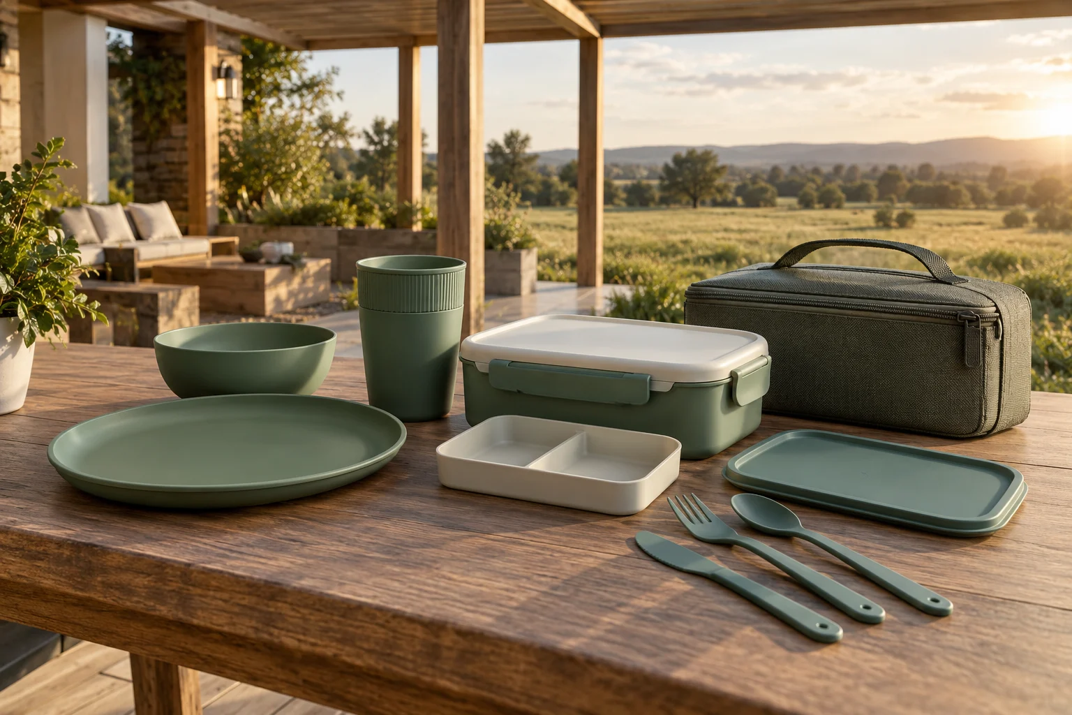 Complete outdoor dinnerware set arranged for a final component use-condition review