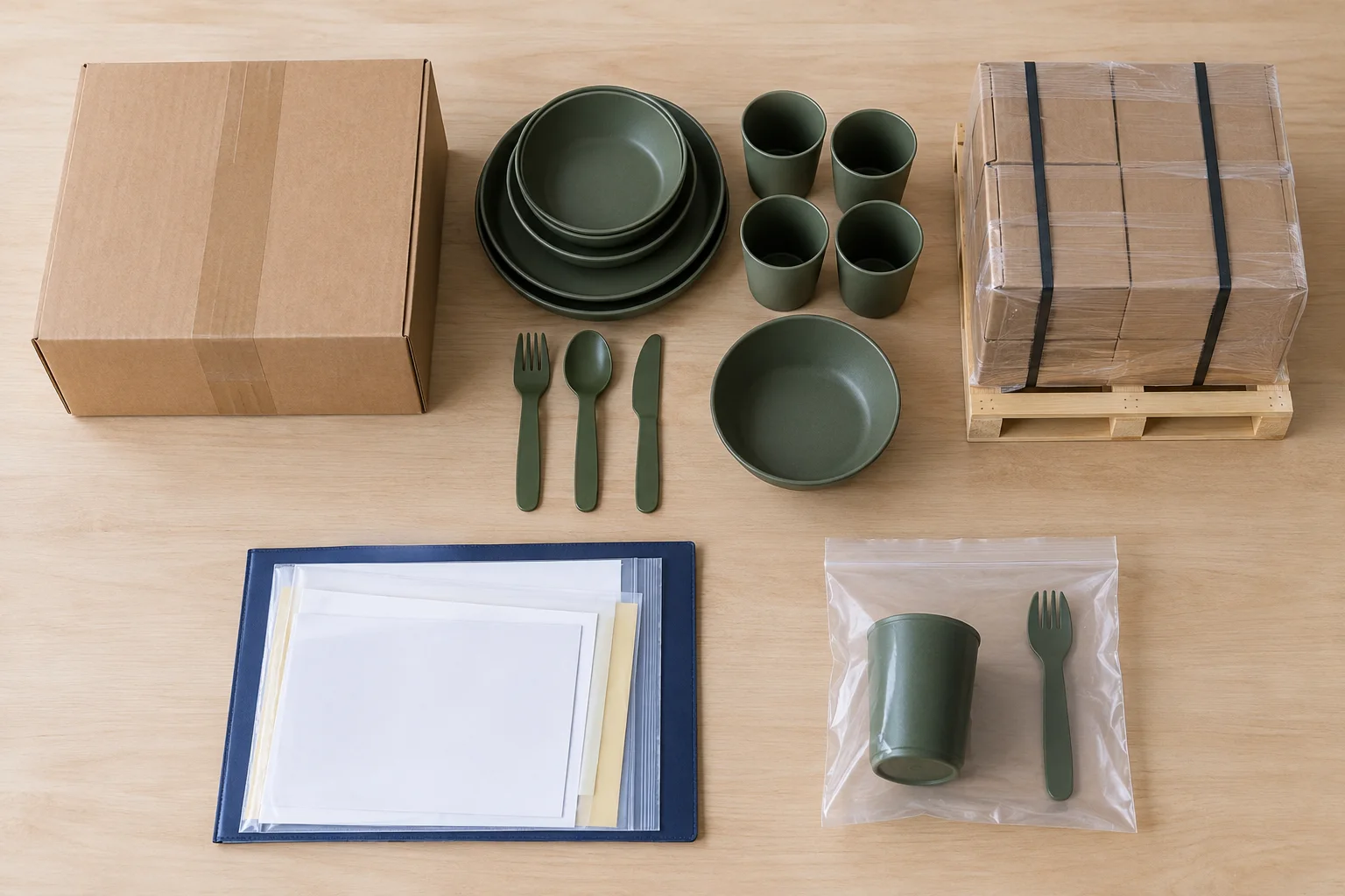 Landed Cost Input Groups Buyer landed cost inputs arranged as product carton dinnerware shipment documents and replacement parts pouch