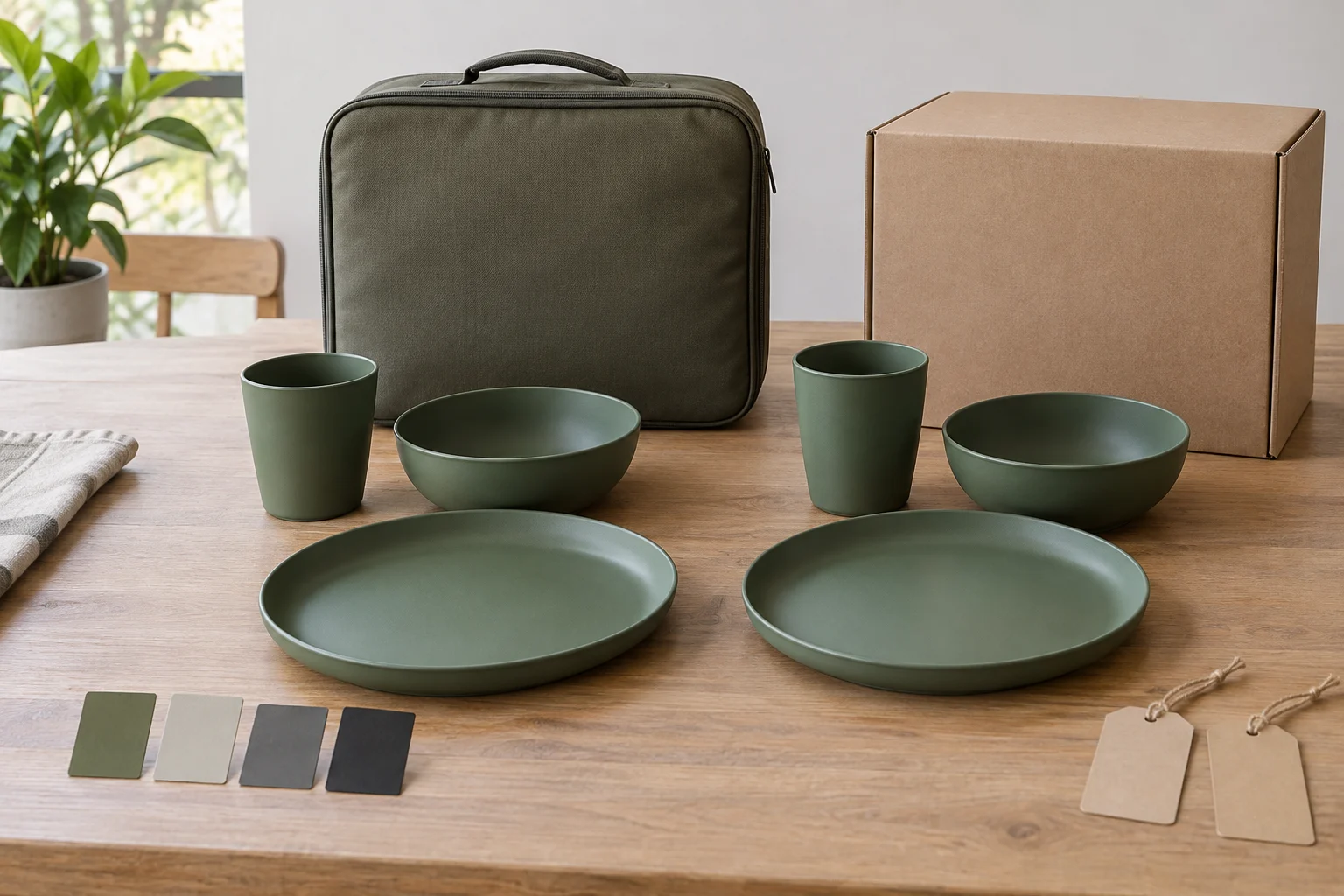 Logo contact-surface placement map Camping dinnerware components separated into food-contact non-food-contact and textile case groups on colored trays