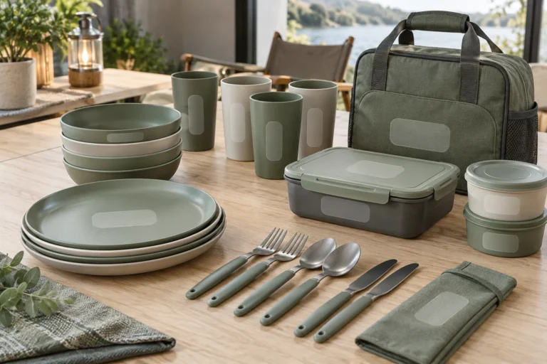 Complete camping dinnerware set with blank removable masks showing possible logo placement zones during buyer review