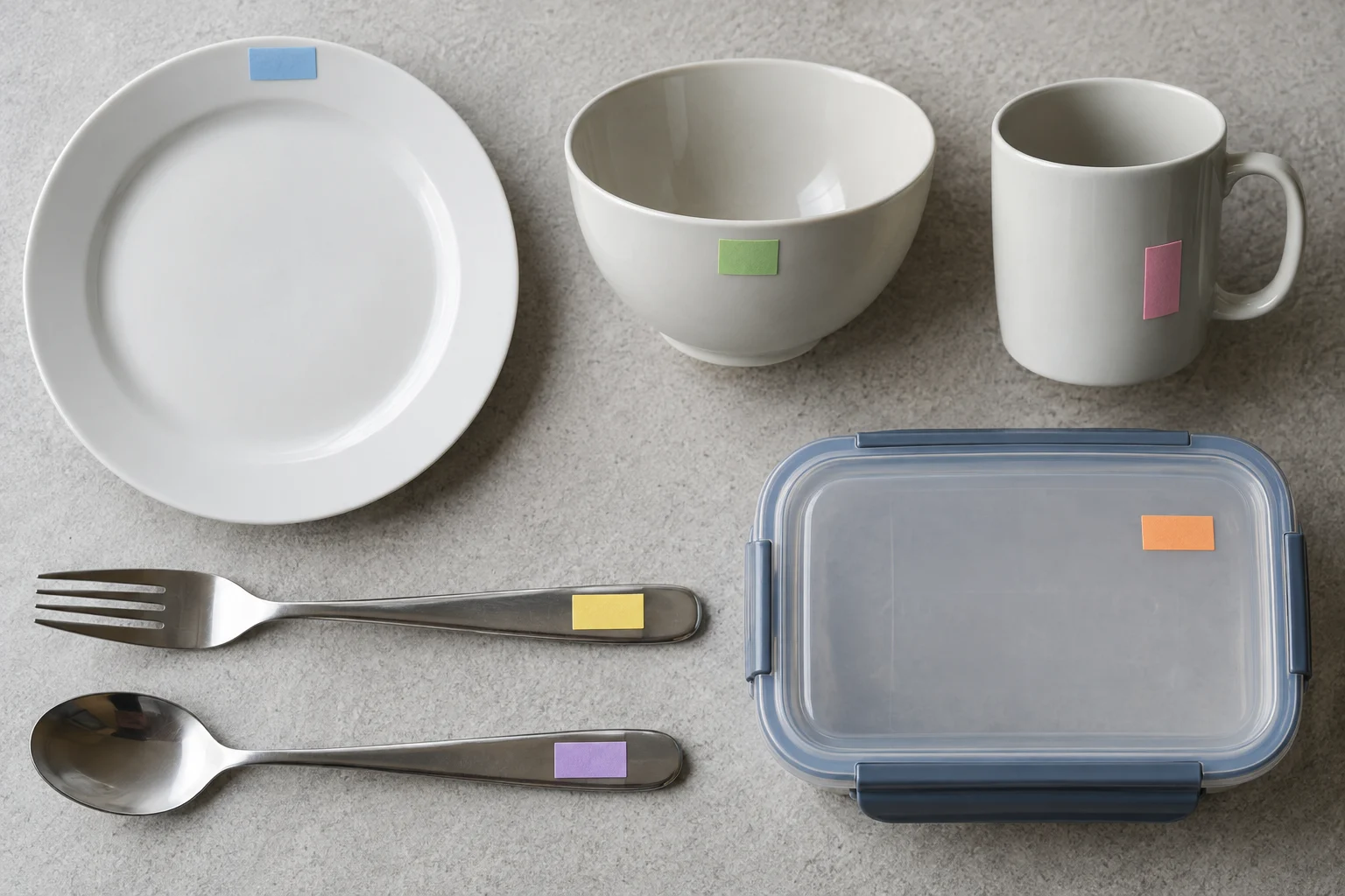Camping dinnerware logo placement review Complete camping dinnerware set with blank removable masks showing possible logo placement zones during buyer review