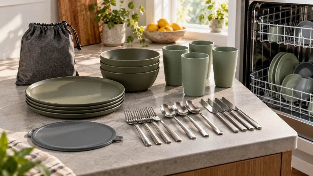 Mixed-material camping dinnerware components beside a domestic dishwasher for claim review