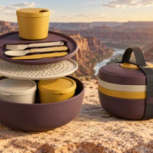 Nested PP camping meal kit concept with lidded containers and strap