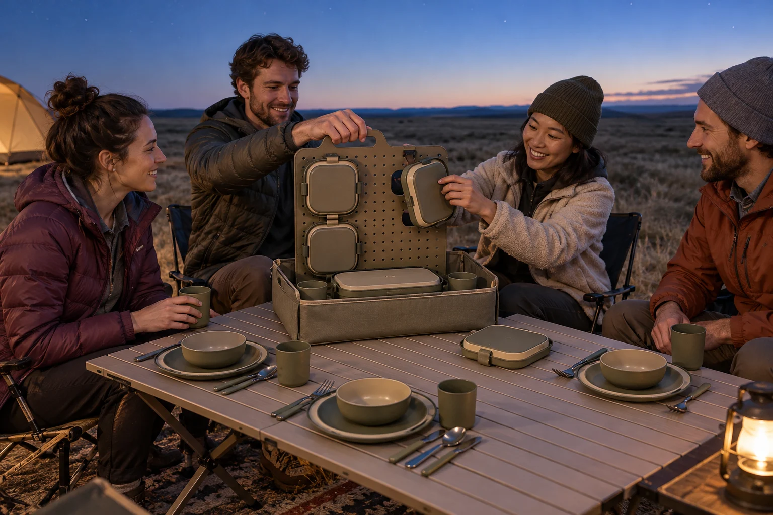 Peg-Panel Tote Outdoor Application Concept Four campers using a Peg-Panel Tote dinnerware concept at an open grassland stargazing campsite