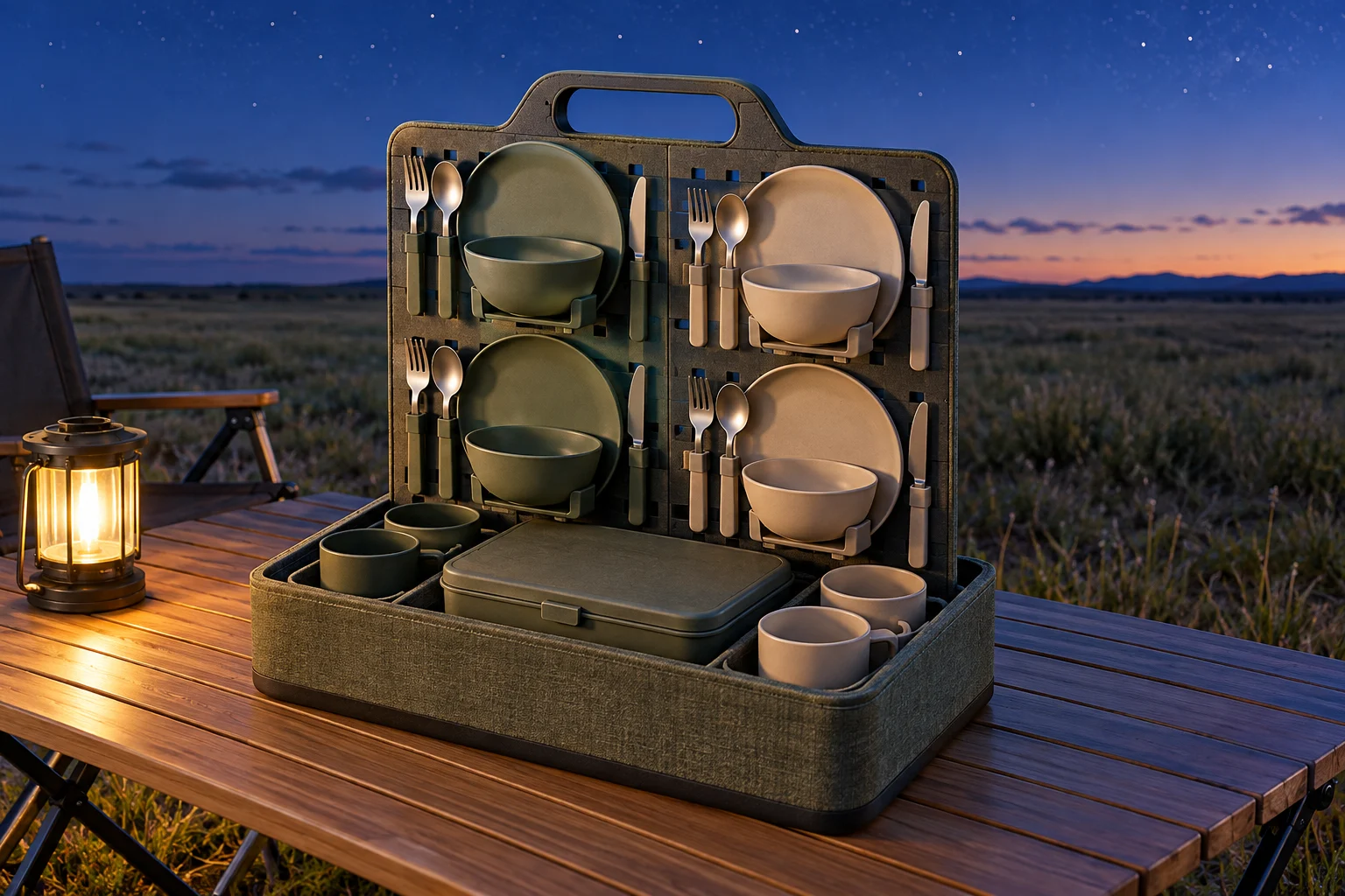 Peg-Panel Tote four-person camping dinnerware set concept with a perforated carry panel and four place settings at a grassland camp