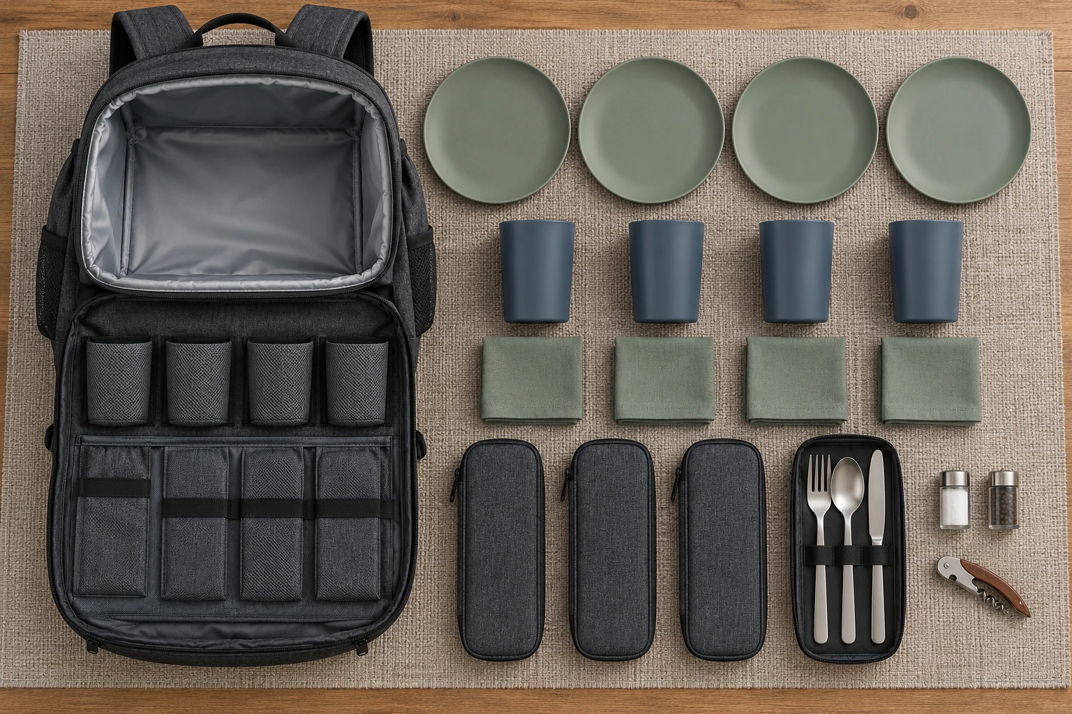 Picnic Backpack Dinnerware Reference Configuration Countable four-person picnic backpack dinnerware configuration concept