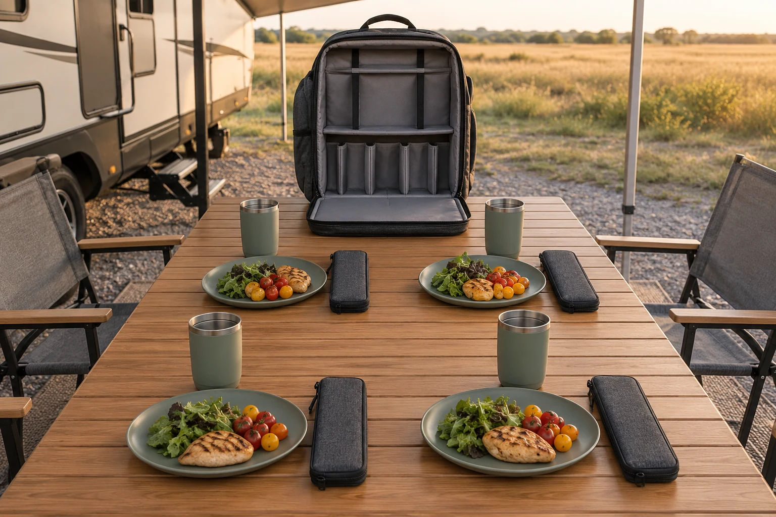 Four-Person Picnic Backpack RV Campsite Concept Four-person picnic backpack dinnerware set concept at an RV campsite