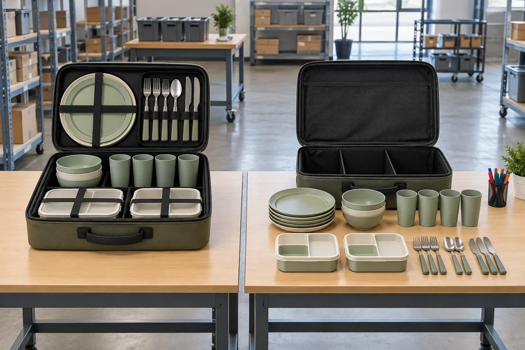 Camping set pilot assembly with two modular dinnerware packing stations in a warehouse review area
