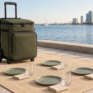 Removable trolley picnic cooler set with four place settings by a waterfront