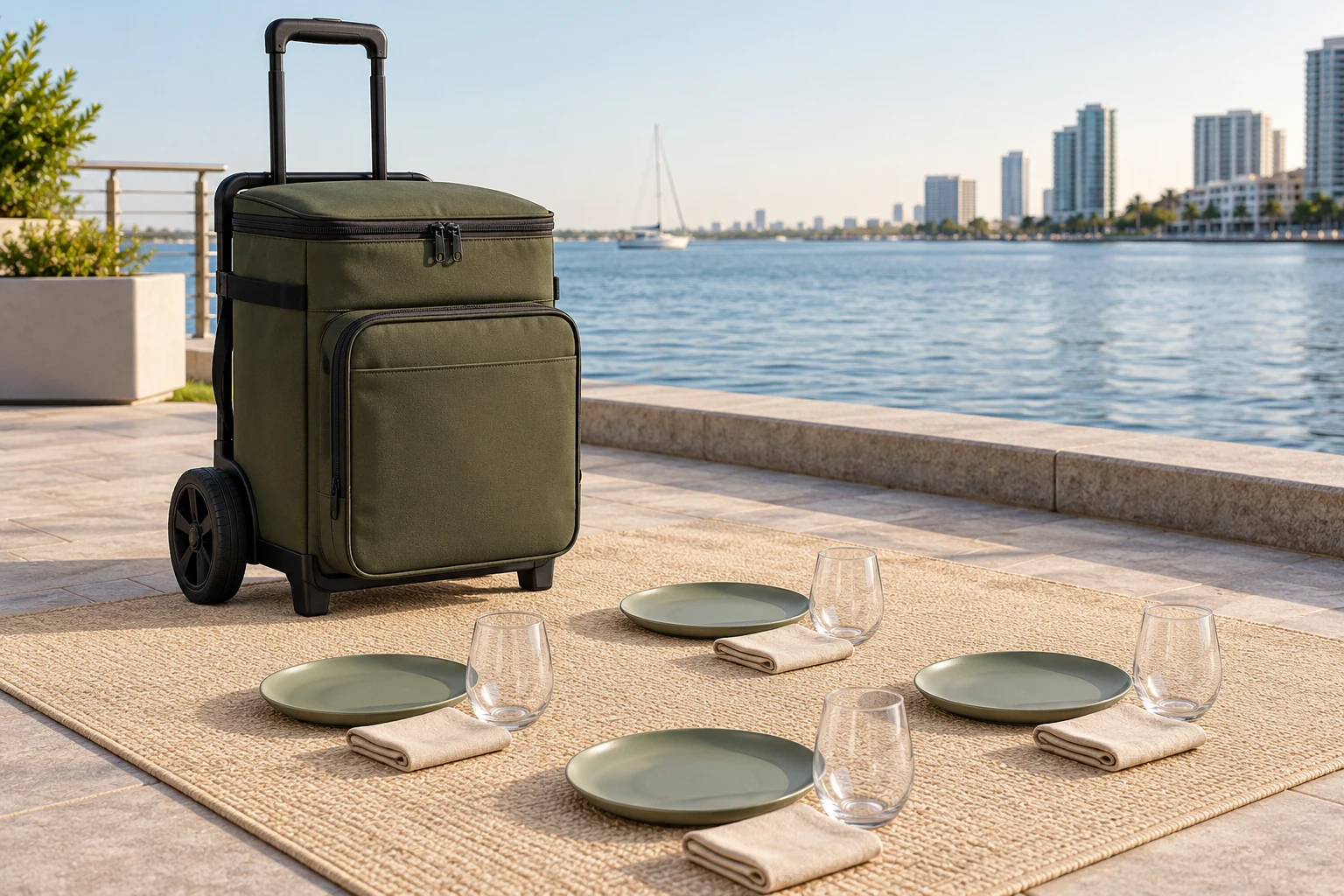 Removable Trolley Picnic Cooler Set Concept Removable trolley picnic cooler set with four place settings by a waterfront