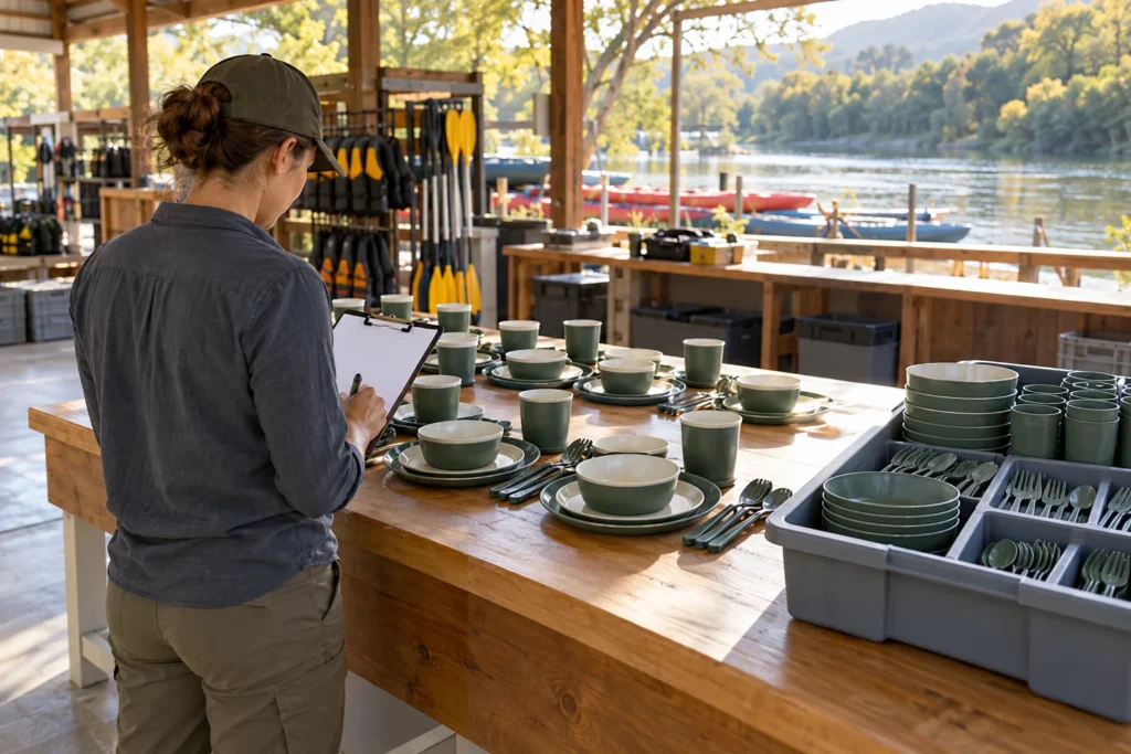 Rental camping dinnerware fleet manager reviewing returned sets and spare-part bins at a riverside depot