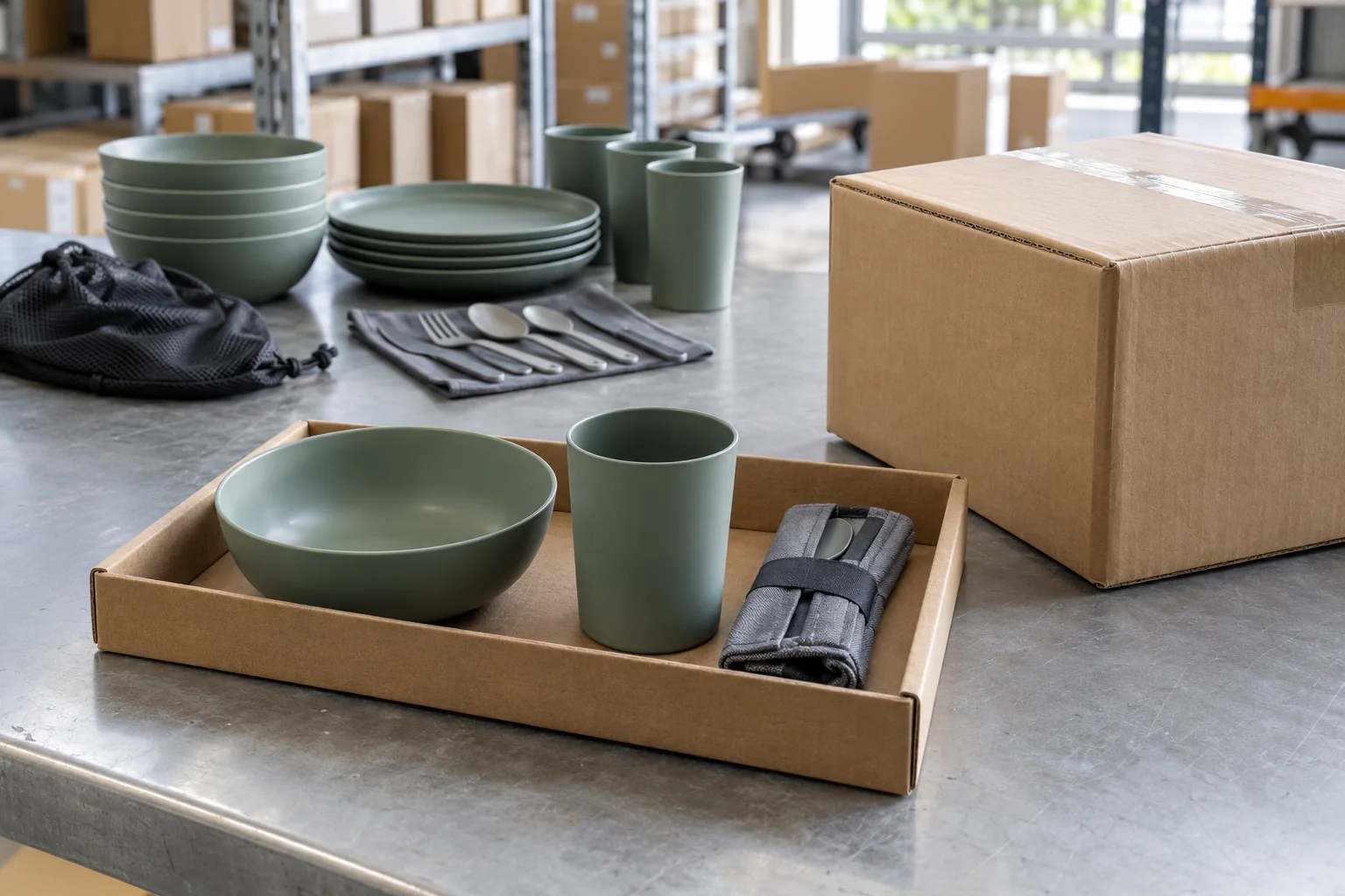 Replacement Parts Cost Scope Spare bowl cup and utensil pouch separated from a complete camping dinnerware shipment